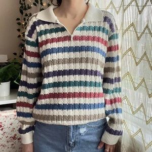 Alfred Dunner White Multicolor Knit Quarter Zip Sweater